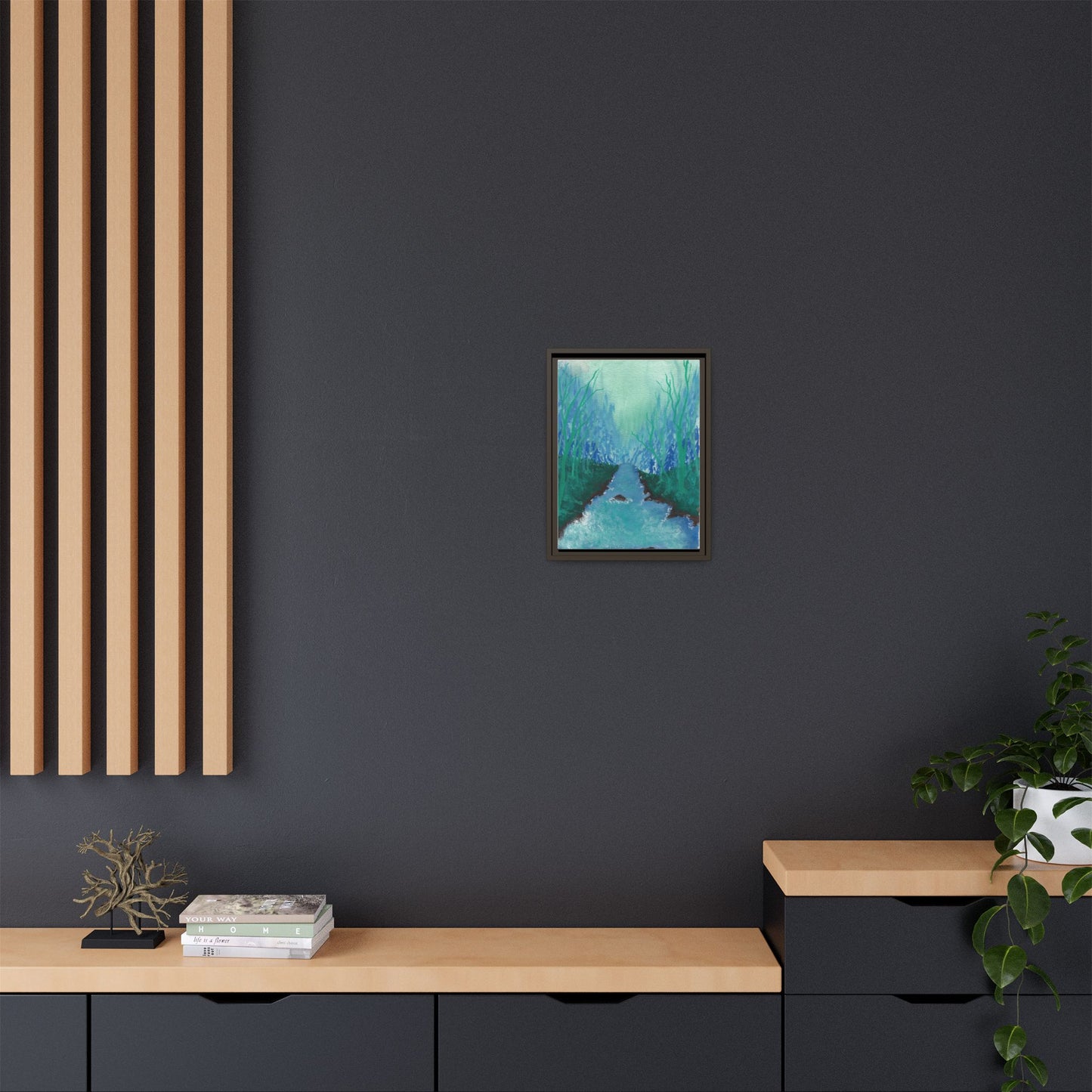 Framed Matte Canvas — Teal Forest River Landscape Wall Art