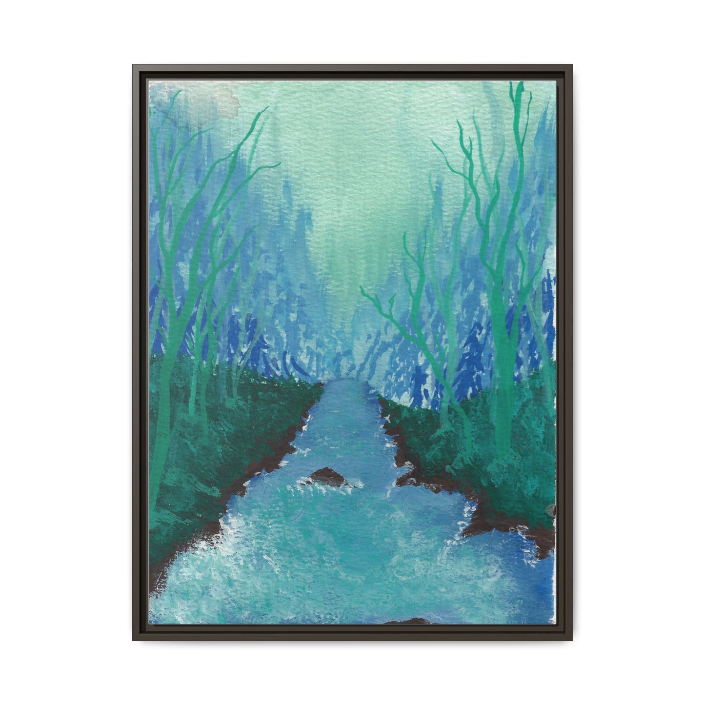 Framed Matte Canvas — Teal Forest River Landscape Wall Art