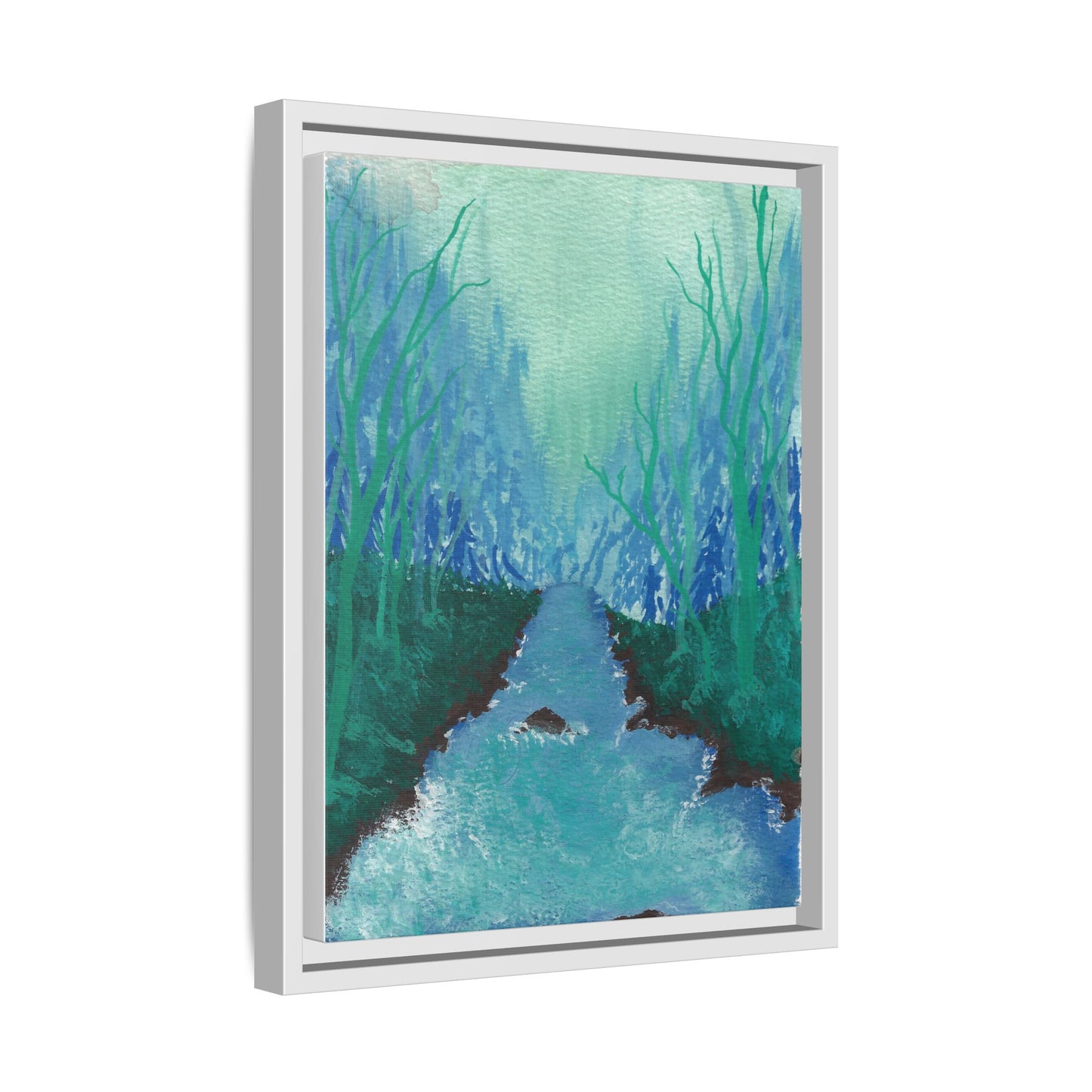 Framed Matte Canvas — Teal Forest River Landscape Wall Art