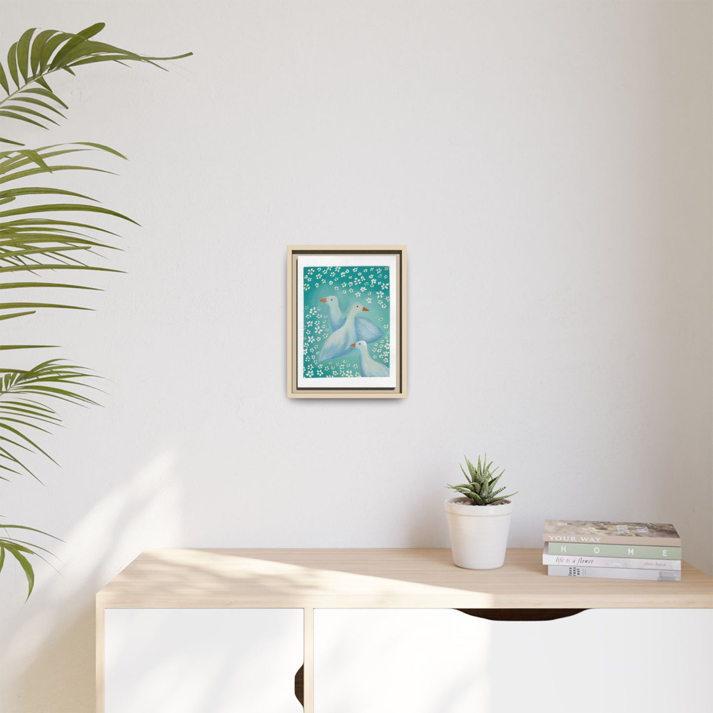 Framed Goose Canvas Print — Whimsical Floral Waterfowl Wall Art