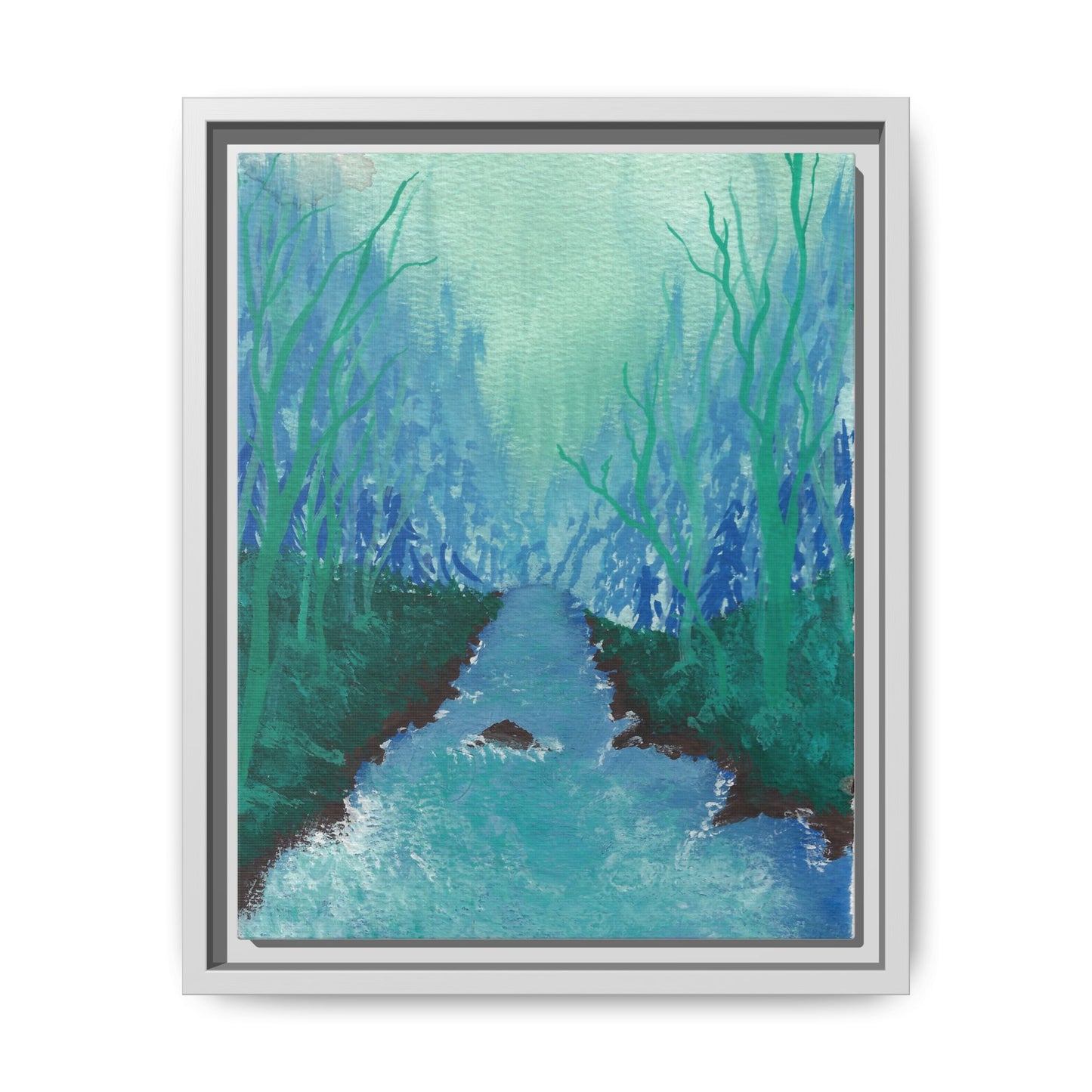 Framed Matte Canvas — Teal Forest River Landscape Wall Art