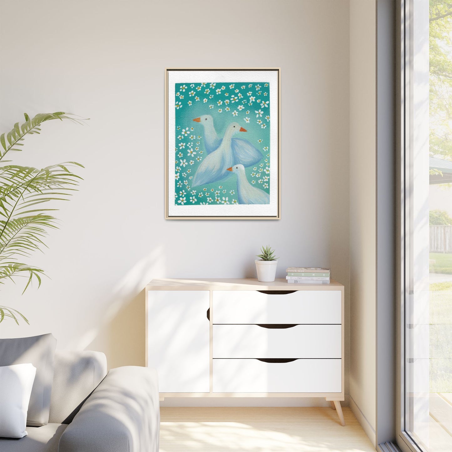 Framed Goose Canvas Print — Whimsical Floral Waterfowl Wall Art