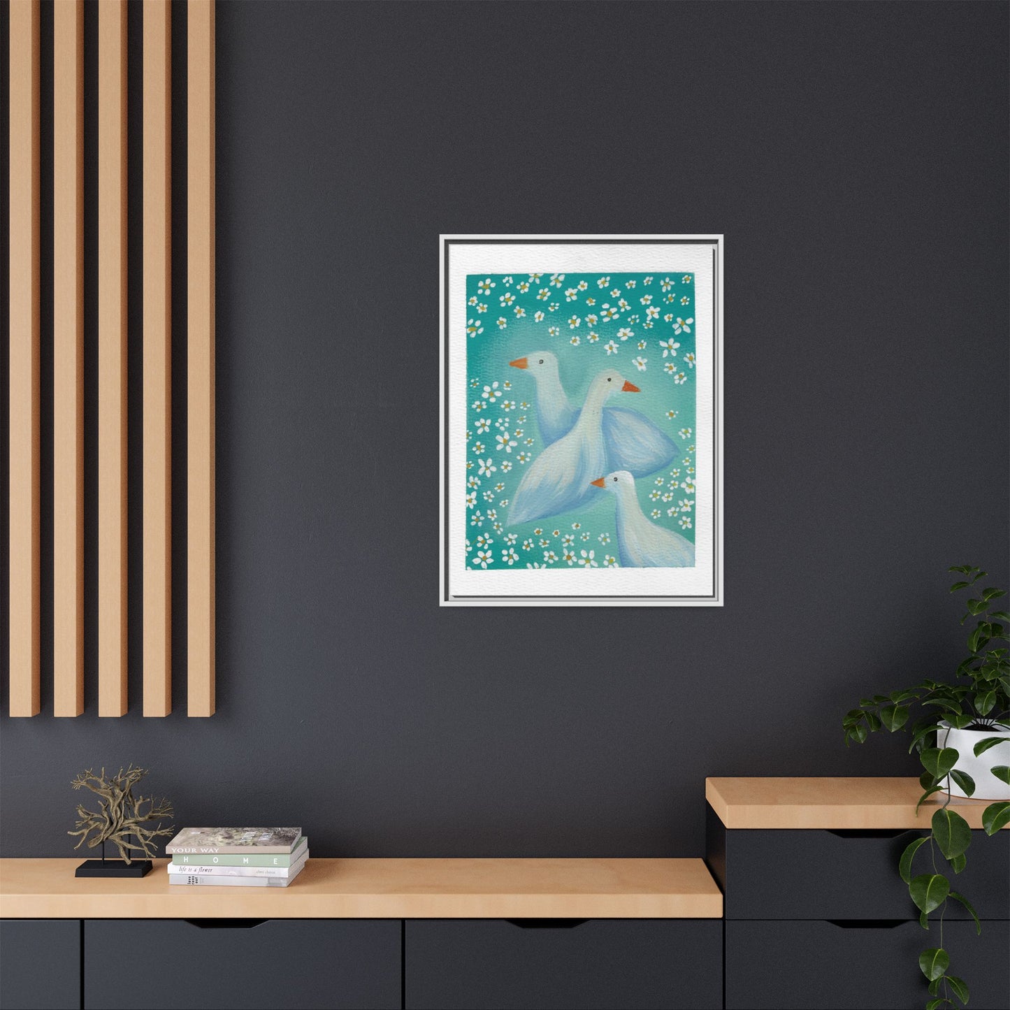 Framed Goose Canvas Print — Whimsical Floral Waterfowl Wall Art