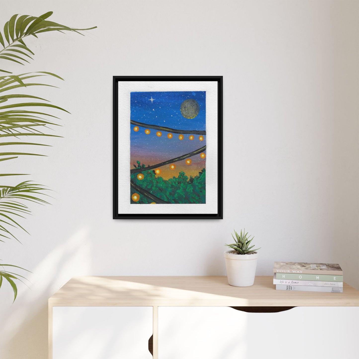 Framed Canvas Art - String Lights Night Sky Print
