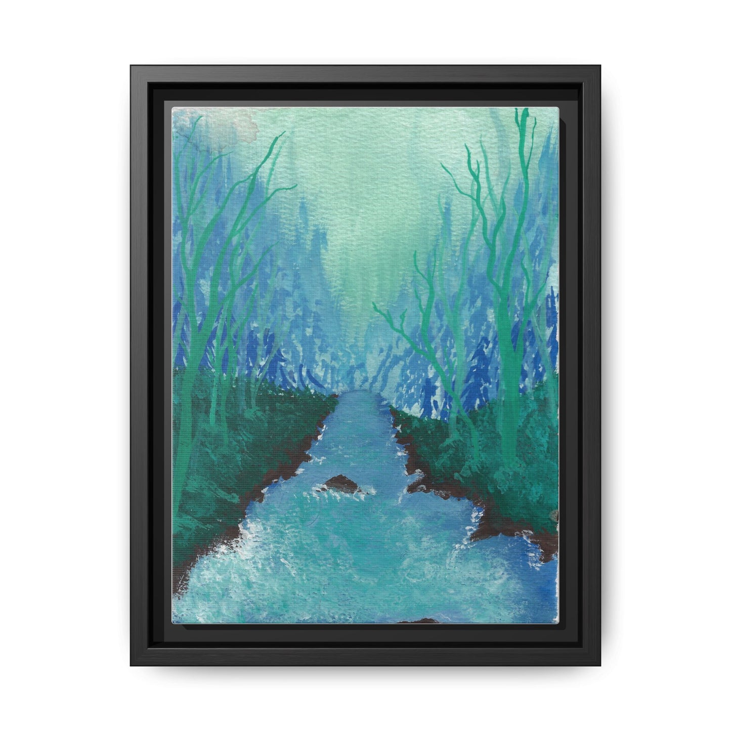 Framed Matte Canvas — Teal Forest River Landscape Wall Art