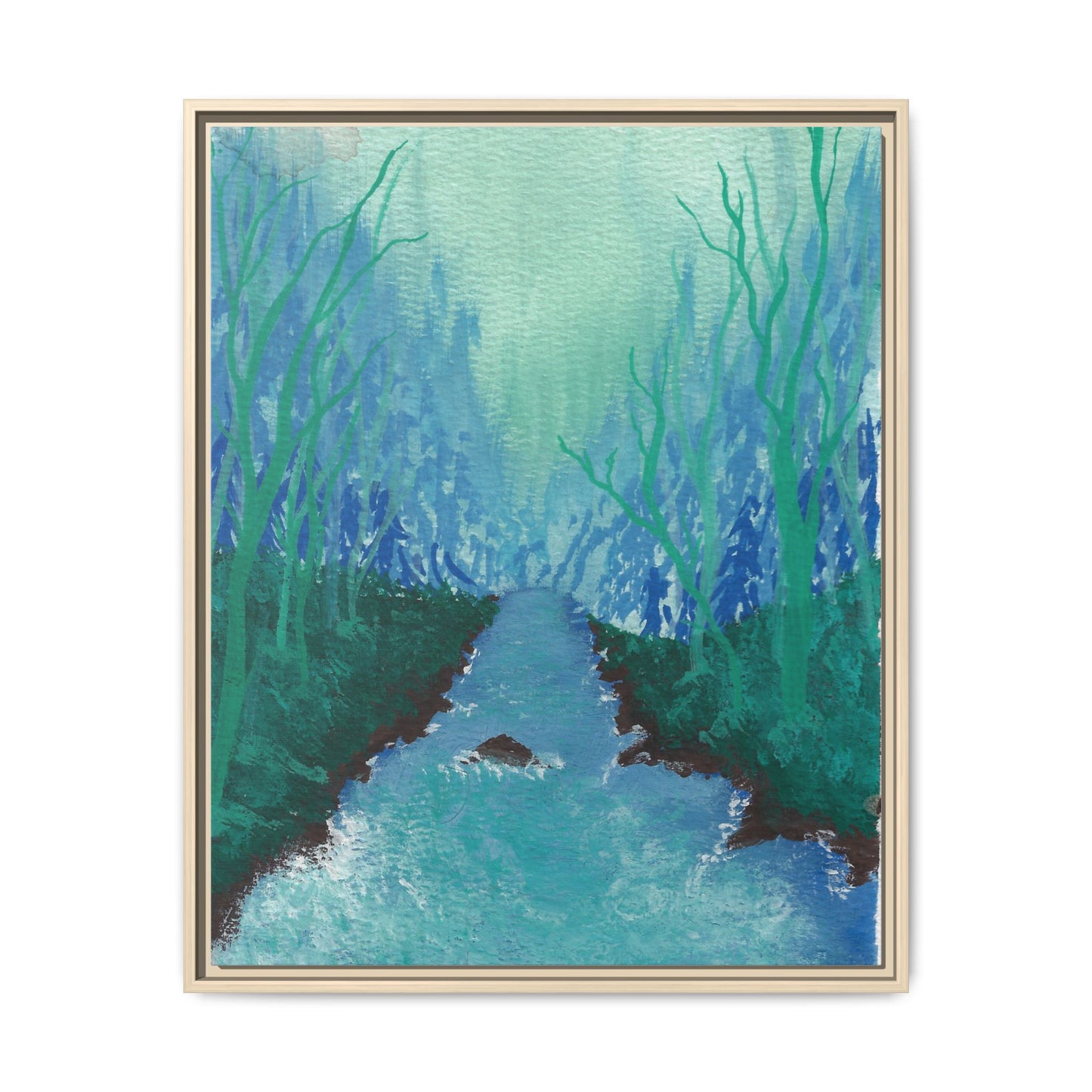Framed Matte Canvas — Teal Forest River Landscape Wall Art