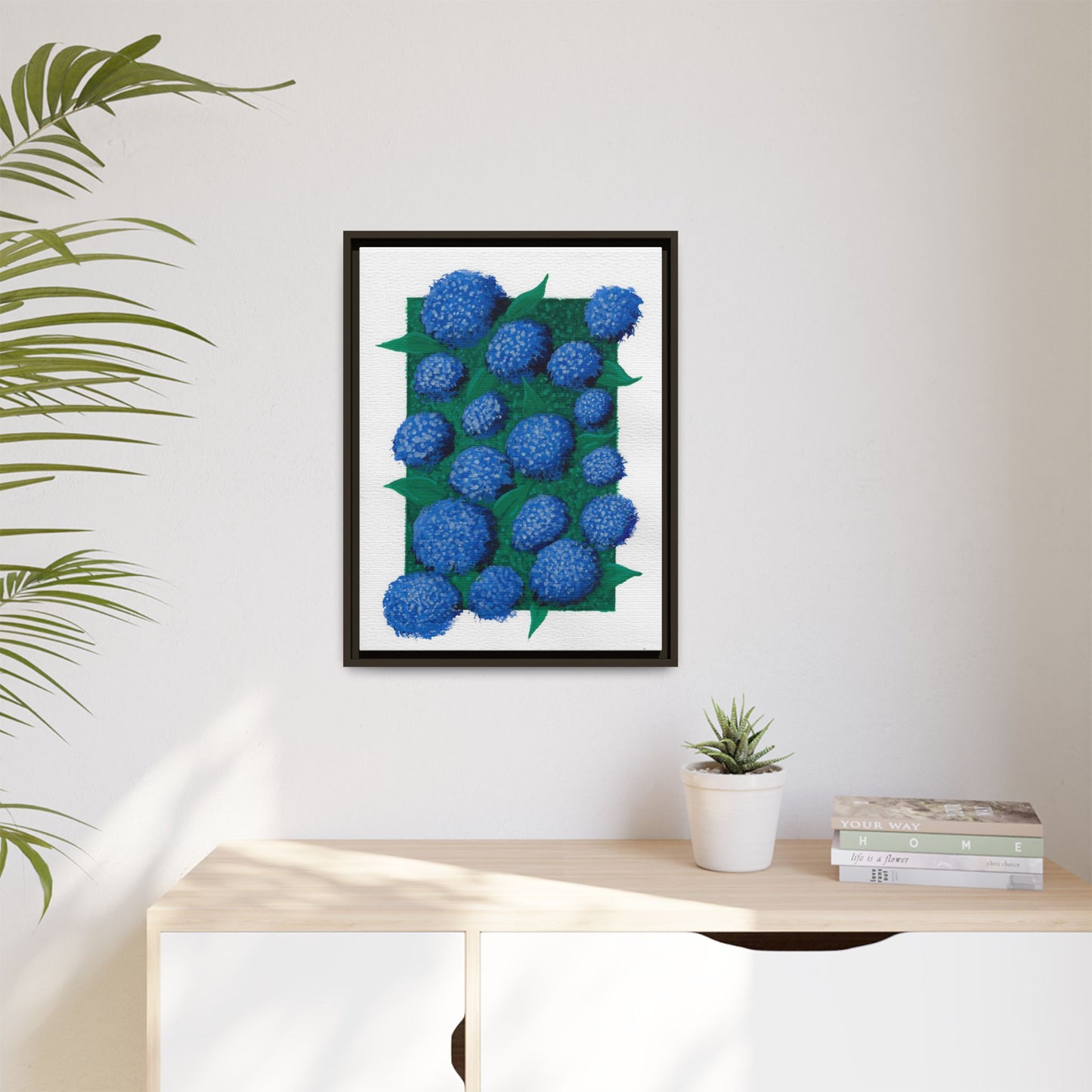 Framed Hydrangea Matte Canvas Print — Blue Floral Wall Art