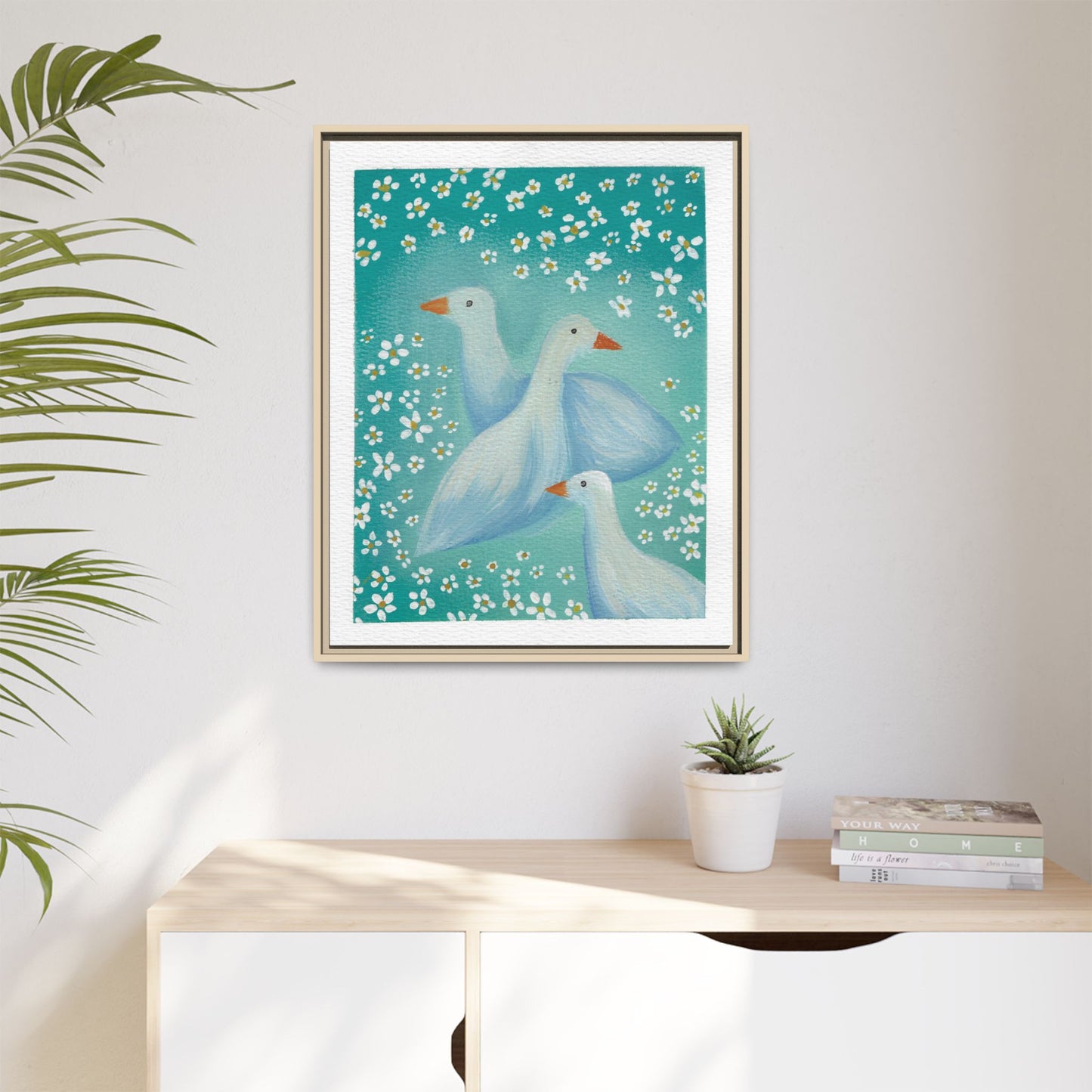 Framed Goose Canvas Print — Whimsical Floral Waterfowl Wall Art