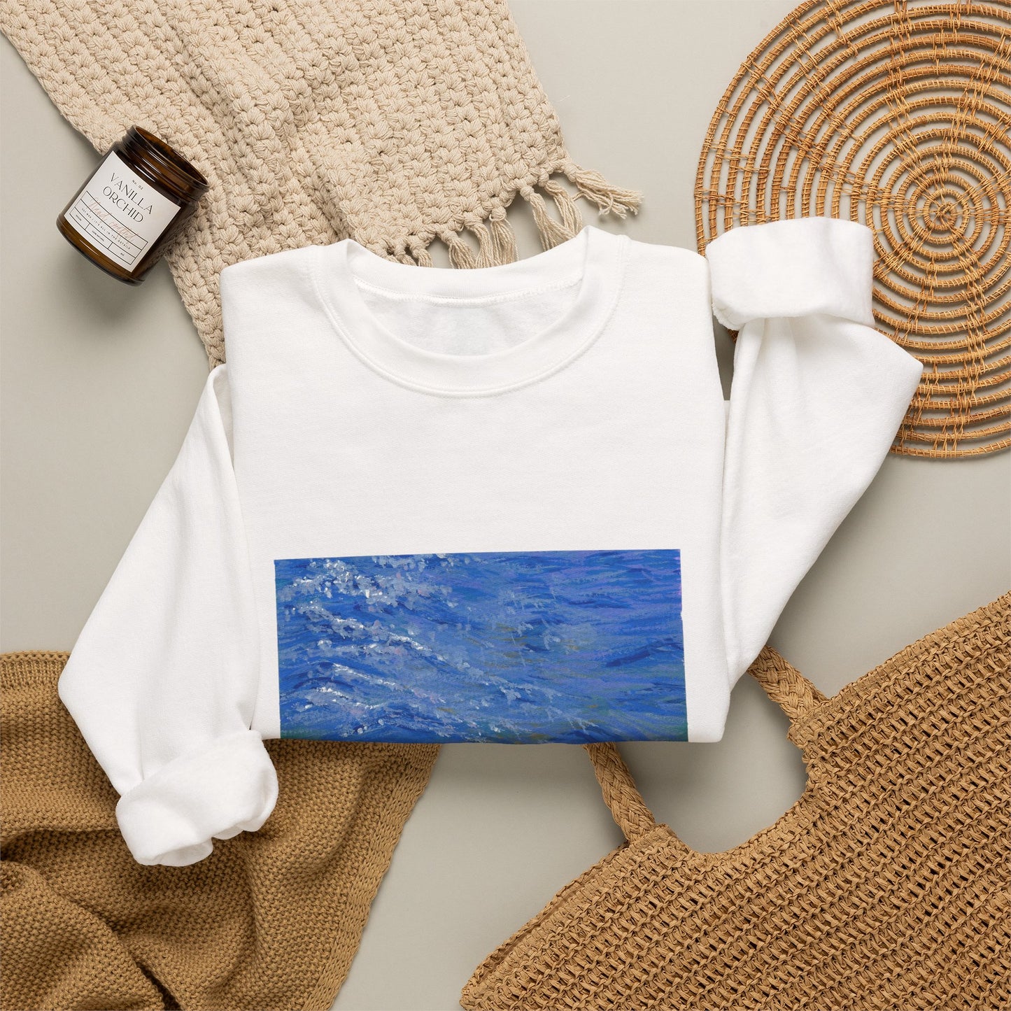Ocean Waves Crewneck Sweatshirt — Blue Seascape Graphic Pullover