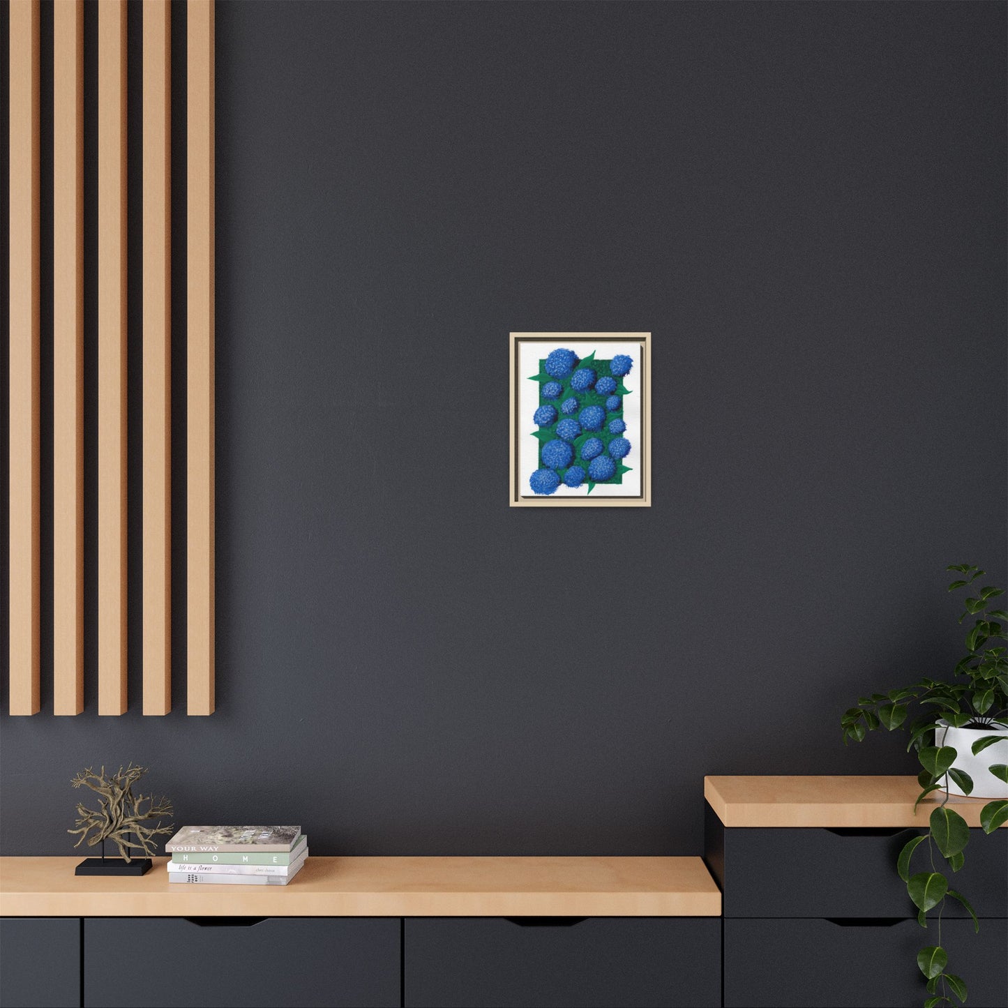 Framed Hydrangea Matte Canvas Print — Blue Floral Wall Art