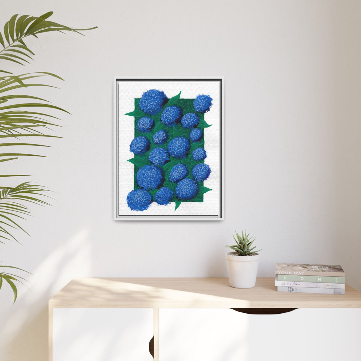 Framed Hydrangea Matte Canvas Print — Blue Floral Wall Art