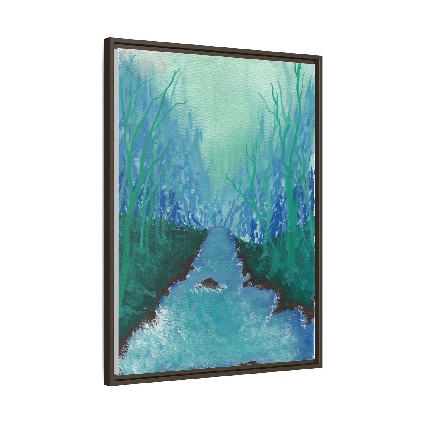 Framed Matte Canvas — Teal Forest River Landscape Wall Art